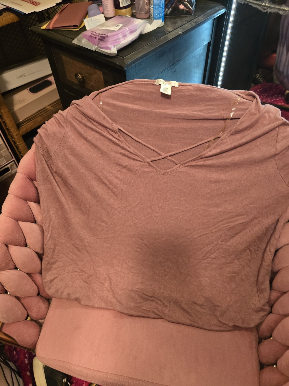 Women's Crisscross V-Neck Short Sleeve Top - Dusty Rose